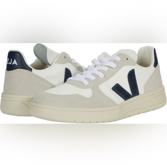 Veja V-10 White and Navy Women's Sneakers - Picture 2 of 9